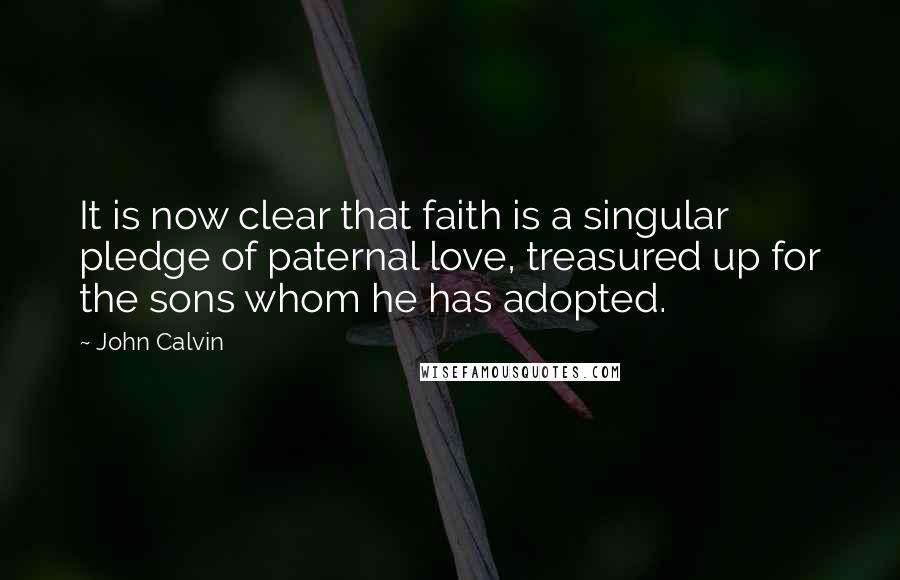 John Calvin Quotes: It is now clear that faith is a singular pledge of paternal love, treasured up for the sons whom he has adopted.