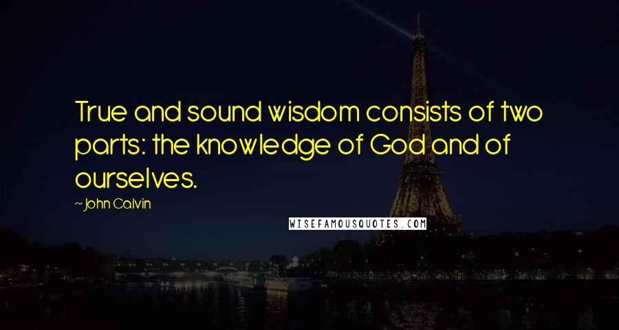 John Calvin Quotes: True and sound wisdom consists of two parts: the knowledge of God and of ourselves.