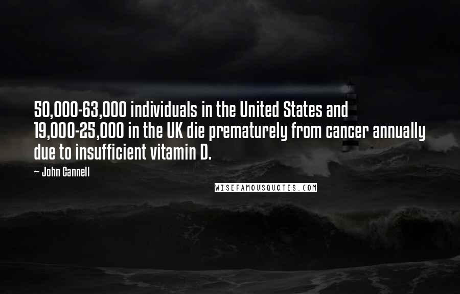 John Cannell Quotes: 50,000-63,000 individuals in the United States and 19,000-25,000 in the UK die prematurely from cancer annually due to insufficient vitamin D.