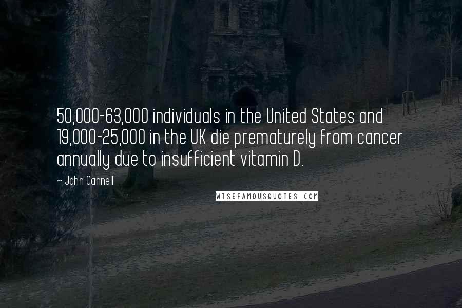 John Cannell Quotes: 50,000-63,000 individuals in the United States and 19,000-25,000 in the UK die prematurely from cancer annually due to insufficient vitamin D.
