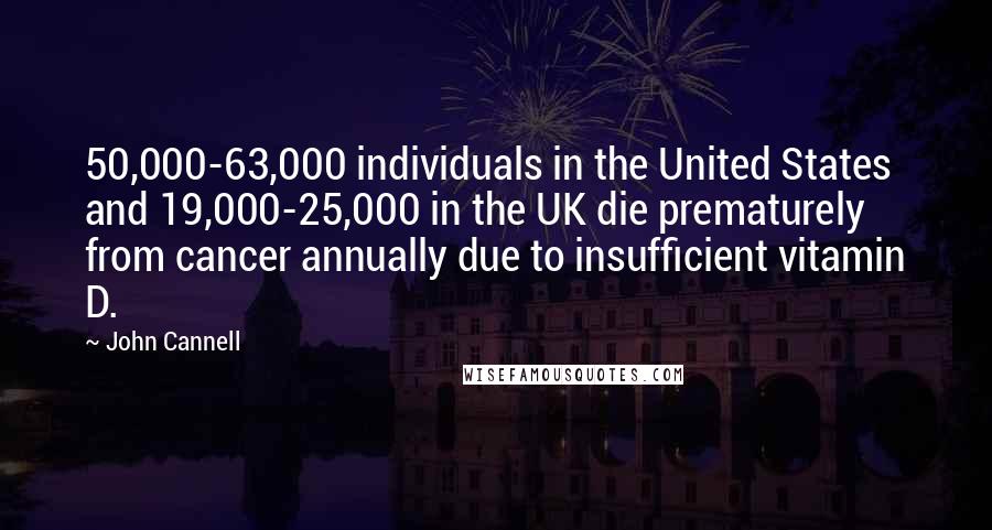 John Cannell Quotes: 50,000-63,000 individuals in the United States and 19,000-25,000 in the UK die prematurely from cancer annually due to insufficient vitamin D.