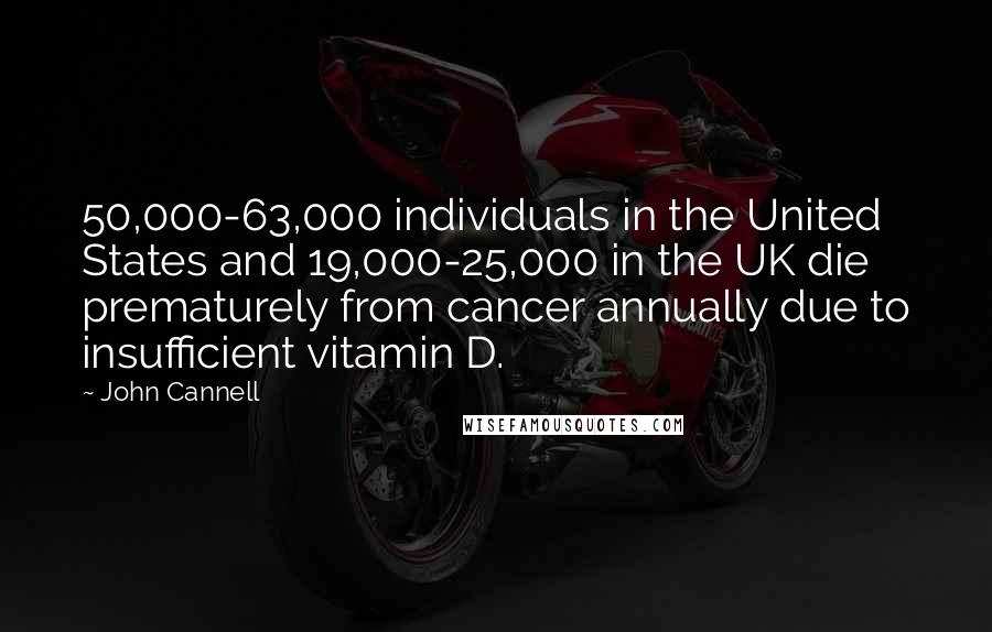 John Cannell Quotes: 50,000-63,000 individuals in the United States and 19,000-25,000 in the UK die prematurely from cancer annually due to insufficient vitamin D.