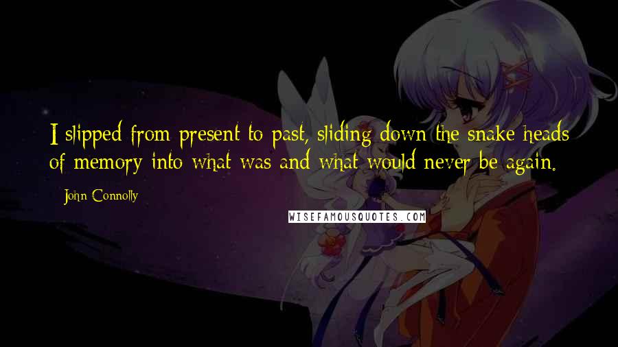 John Connolly Quotes: I slipped from present to past, sliding down the snake heads of memory into what was and what would never be again.