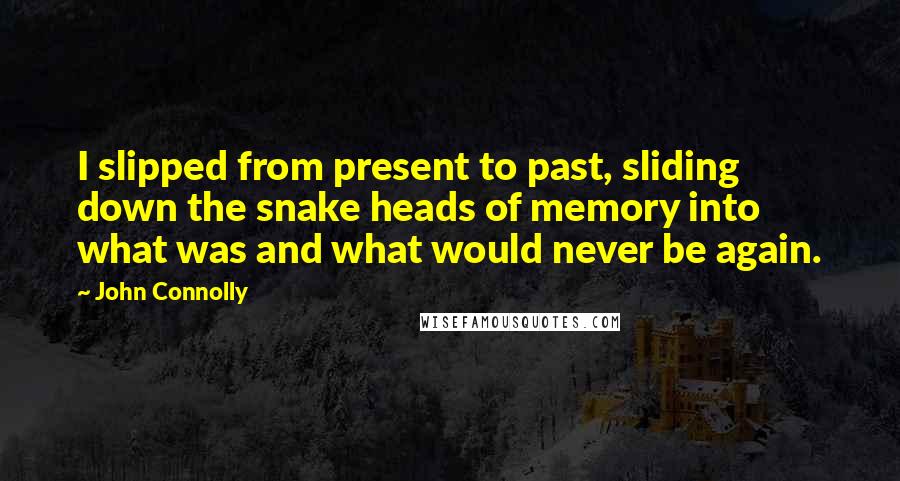 John Connolly Quotes: I slipped from present to past, sliding down the snake heads of memory into what was and what would never be again.