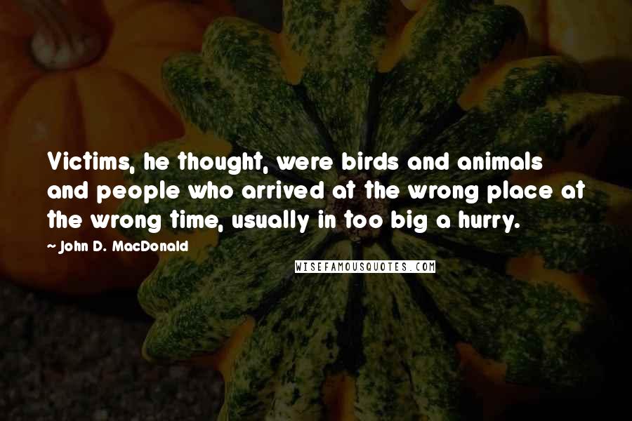 John D. MacDonald Quotes: Victims, he thought, were birds and animals and people who arrived at the wrong place at the wrong time, usually in too big a hurry.