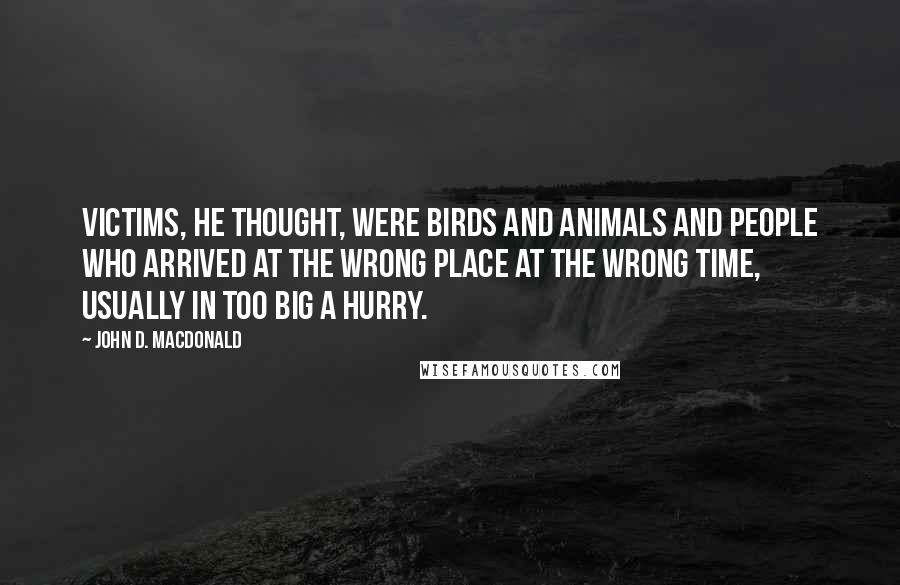 John D. MacDonald Quotes: Victims, he thought, were birds and animals and people who arrived at the wrong place at the wrong time, usually in too big a hurry.