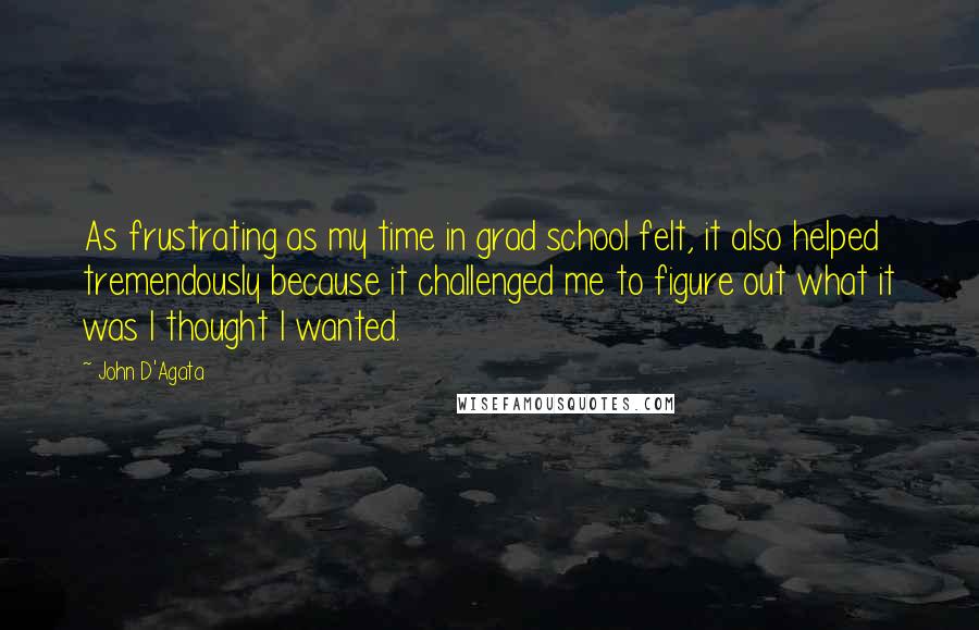 John D'Agata Quotes: As frustrating as my time in grad school felt, it also helped tremendously because it challenged me to figure out what it was I thought I wanted.