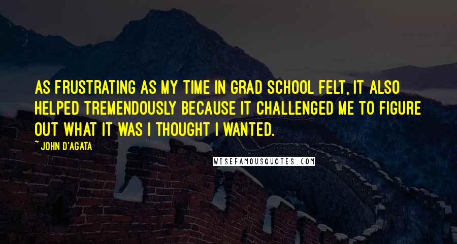 John D'Agata Quotes: As frustrating as my time in grad school felt, it also helped tremendously because it challenged me to figure out what it was I thought I wanted.