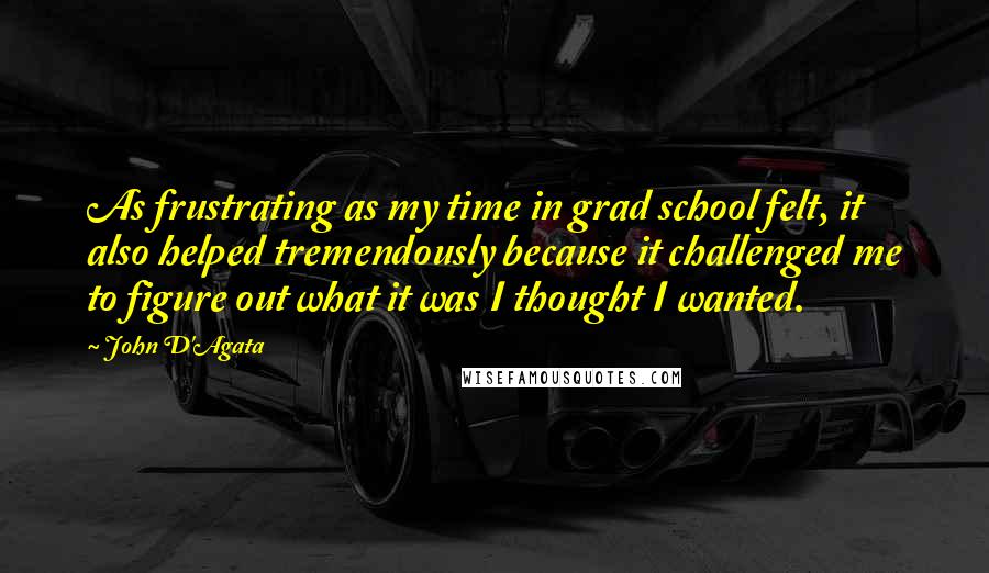 John D'Agata Quotes: As frustrating as my time in grad school felt, it also helped tremendously because it challenged me to figure out what it was I thought I wanted.