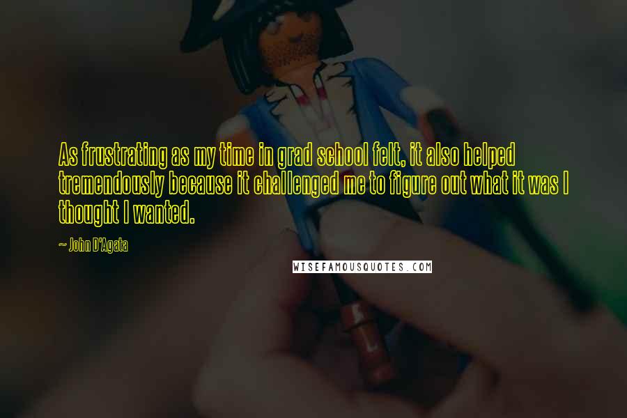 John D'Agata Quotes: As frustrating as my time in grad school felt, it also helped tremendously because it challenged me to figure out what it was I thought I wanted.