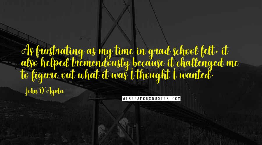 John D'Agata Quotes: As frustrating as my time in grad school felt, it also helped tremendously because it challenged me to figure out what it was I thought I wanted.