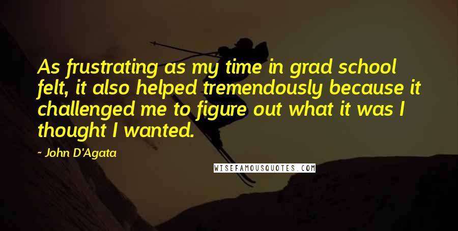 John D'Agata Quotes: As frustrating as my time in grad school felt, it also helped tremendously because it challenged me to figure out what it was I thought I wanted.