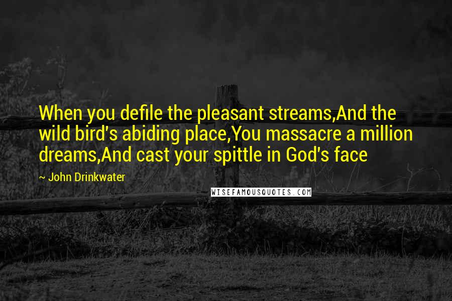 John Drinkwater Quotes: When you defile the pleasant streams,And the wild bird's abiding place,You massacre a million dreams,And cast your spittle in God's face