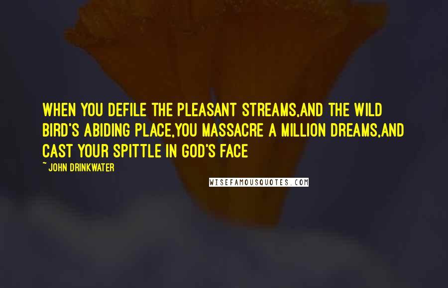 John Drinkwater Quotes: When you defile the pleasant streams,And the wild bird's abiding place,You massacre a million dreams,And cast your spittle in God's face