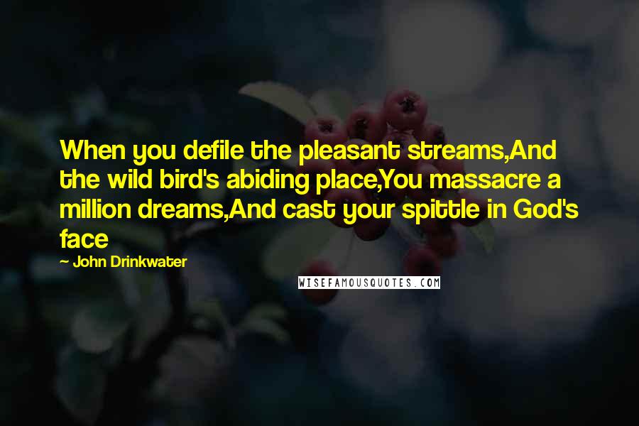 John Drinkwater Quotes: When you defile the pleasant streams,And the wild bird's abiding place,You massacre a million dreams,And cast your spittle in God's face