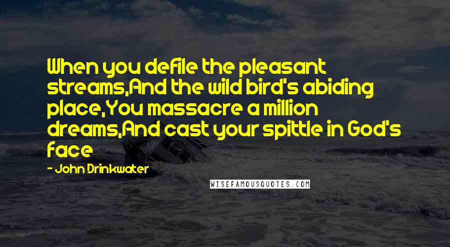 John Drinkwater Quotes: When you defile the pleasant streams,And the wild bird's abiding place,You massacre a million dreams,And cast your spittle in God's face