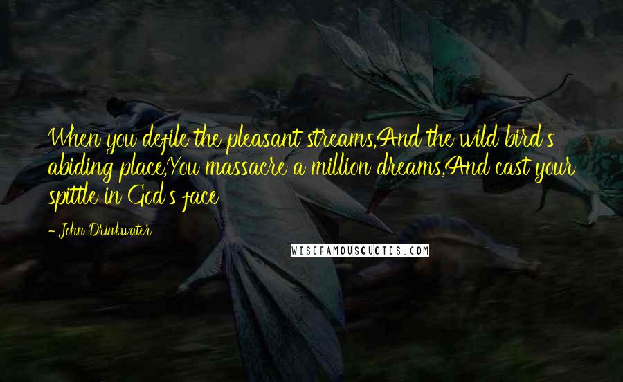 John Drinkwater Quotes: When you defile the pleasant streams,And the wild bird's abiding place,You massacre a million dreams,And cast your spittle in God's face