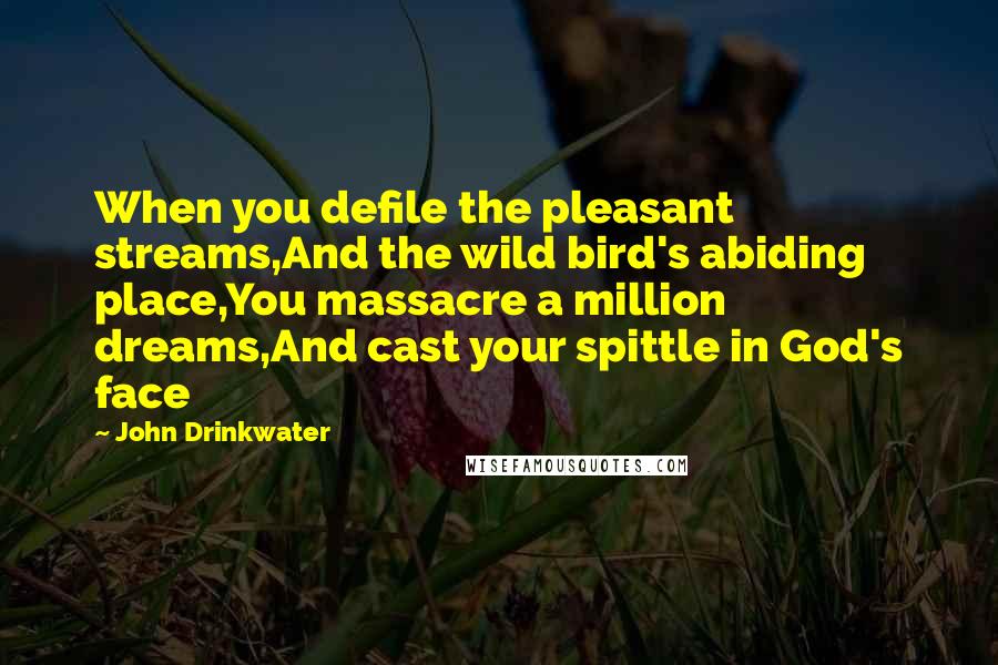 John Drinkwater Quotes: When you defile the pleasant streams,And the wild bird's abiding place,You massacre a million dreams,And cast your spittle in God's face