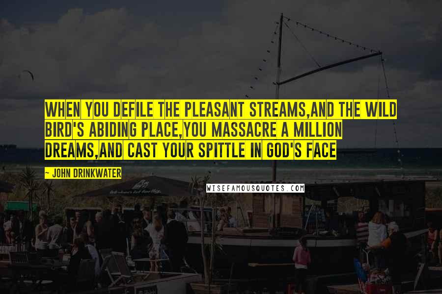 John Drinkwater Quotes: When you defile the pleasant streams,And the wild bird's abiding place,You massacre a million dreams,And cast your spittle in God's face