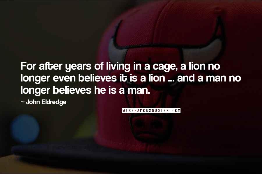 John Eldredge Quotes: For after years of living in a cage, a lion no longer even believes it is a lion ... and a man no longer believes he is a man.