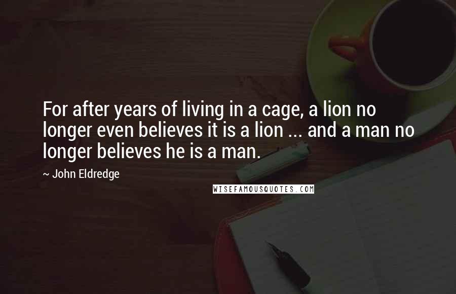 John Eldredge Quotes: For after years of living in a cage, a lion no longer even believes it is a lion ... and a man no longer believes he is a man.