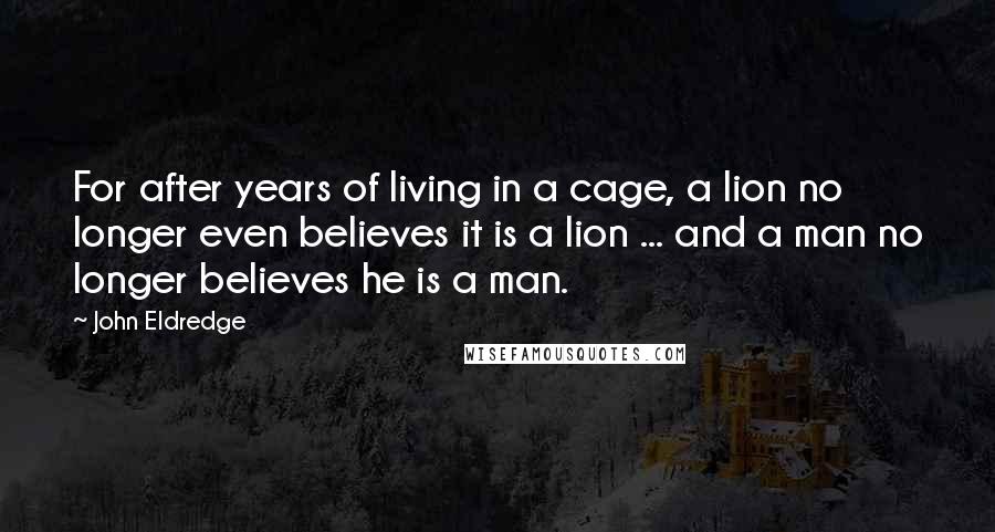 John Eldredge Quotes: For after years of living in a cage, a lion no longer even believes it is a lion ... and a man no longer believes he is a man.