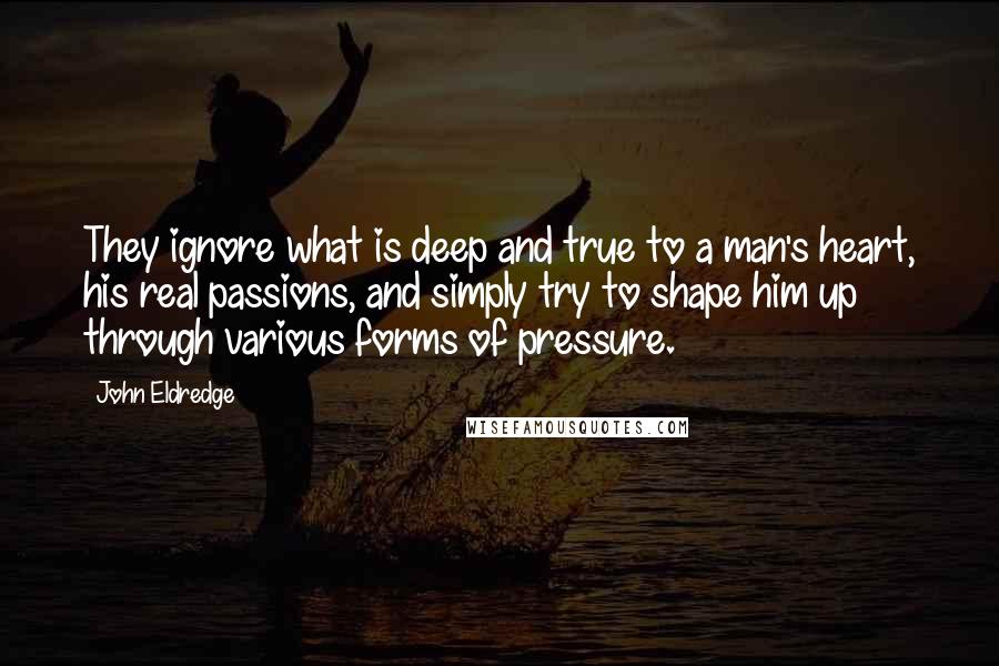 John Eldredge Quotes: They ignore what is deep and true to a man's heart, his real passions, and simply try to shape him up through various forms of pressure.