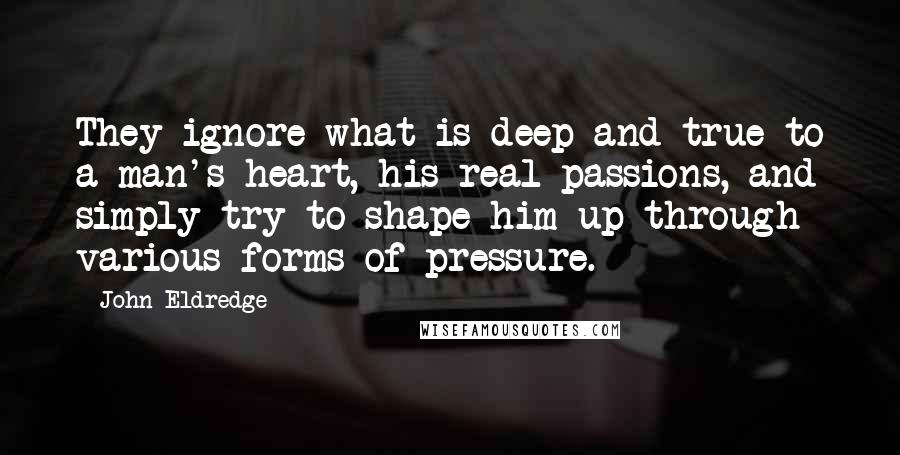 John Eldredge Quotes: They ignore what is deep and true to a man's heart, his real passions, and simply try to shape him up through various forms of pressure.