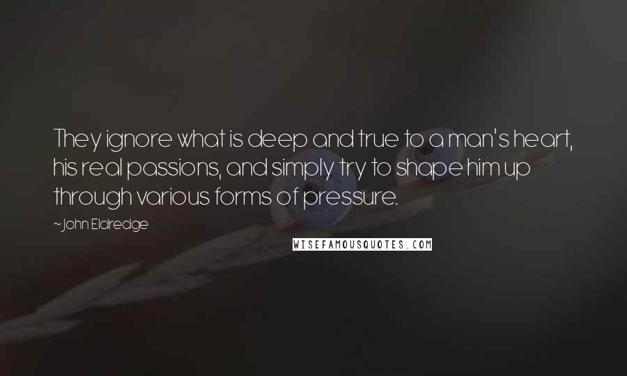 John Eldredge Quotes: They ignore what is deep and true to a man's heart, his real passions, and simply try to shape him up through various forms of pressure.