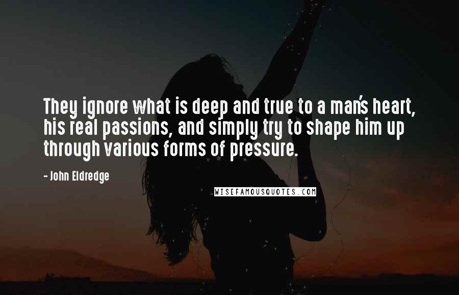 John Eldredge Quotes: They ignore what is deep and true to a man's heart, his real passions, and simply try to shape him up through various forms of pressure.