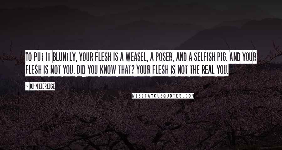 John Eldredge Quotes: To put it bluntly, your flesh is a weasel, a poser, and a selfish pig. And your flesh is not you. Did you know that? Your flesh is not the real you.