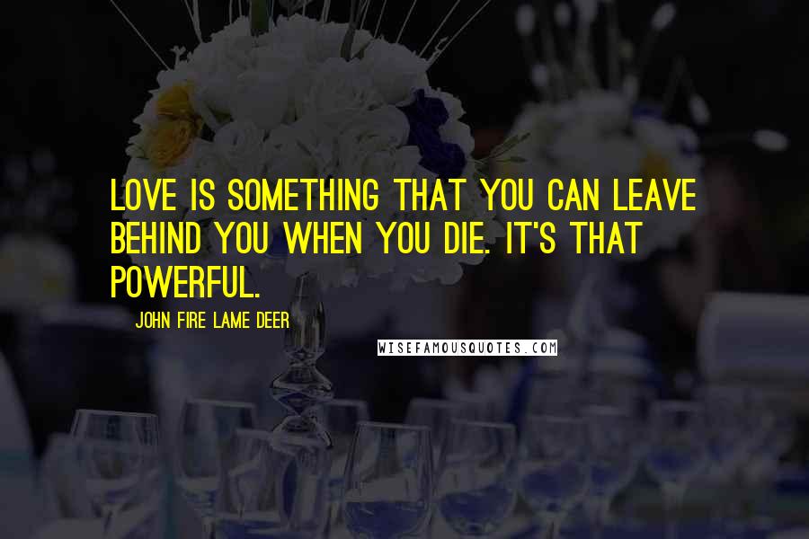 John Fire Lame Deer Quotes: Love is something that you can leave behind you when you die. It's that powerful.