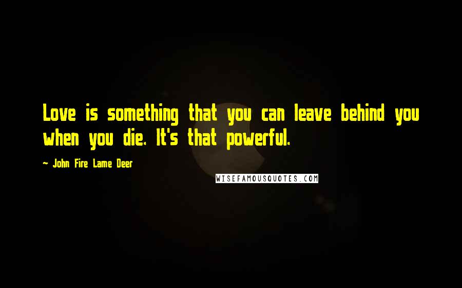 John Fire Lame Deer Quotes: Love is something that you can leave behind you when you die. It's that powerful.