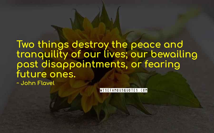 John Flavel Quotes: Two things destroy the peace and tranquility of our lives; our bewailing past disappointments, or fearing future ones.