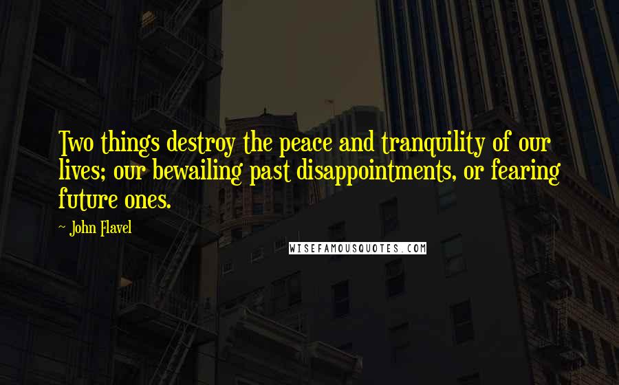 John Flavel Quotes: Two things destroy the peace and tranquility of our lives; our bewailing past disappointments, or fearing future ones.