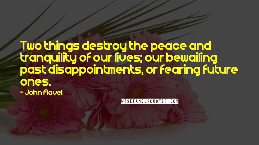 John Flavel Quotes: Two things destroy the peace and tranquility of our lives; our bewailing past disappointments, or fearing future ones.