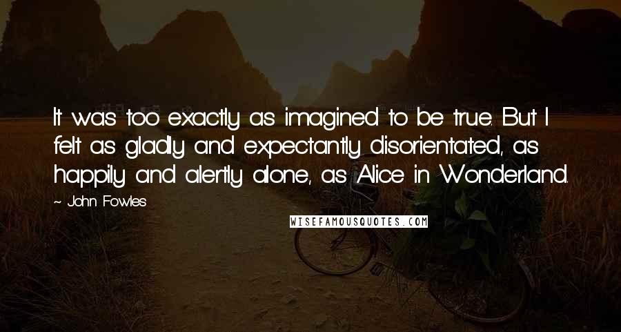 John Fowles Quotes: It was too exactly as imagined to be true. But I felt as gladly and expectantly disorientated, as happily and alertly alone, as Alice in Wonderland.