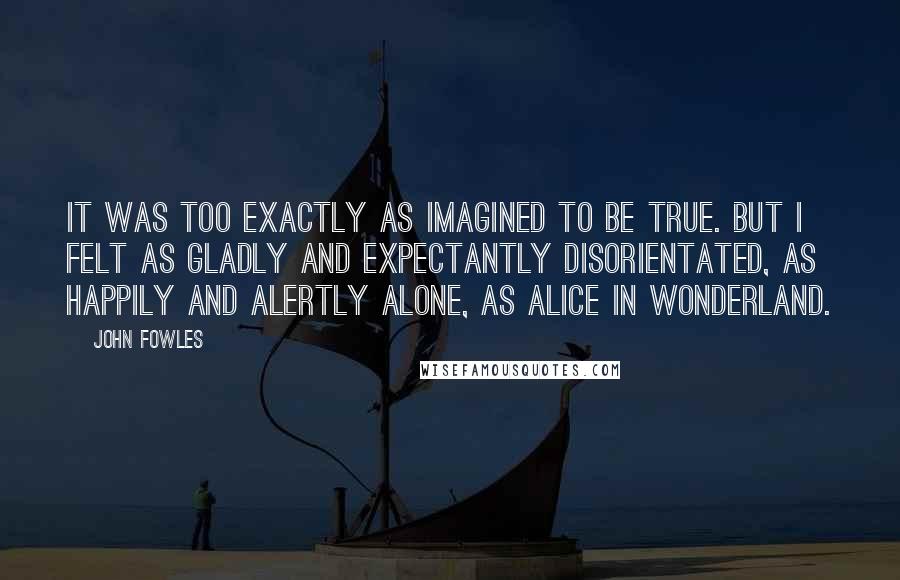 John Fowles Quotes: It was too exactly as imagined to be true. But I felt as gladly and expectantly disorientated, as happily and alertly alone, as Alice in Wonderland.