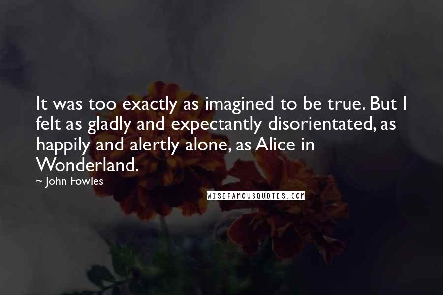 John Fowles Quotes: It was too exactly as imagined to be true. But I felt as gladly and expectantly disorientated, as happily and alertly alone, as Alice in Wonderland.