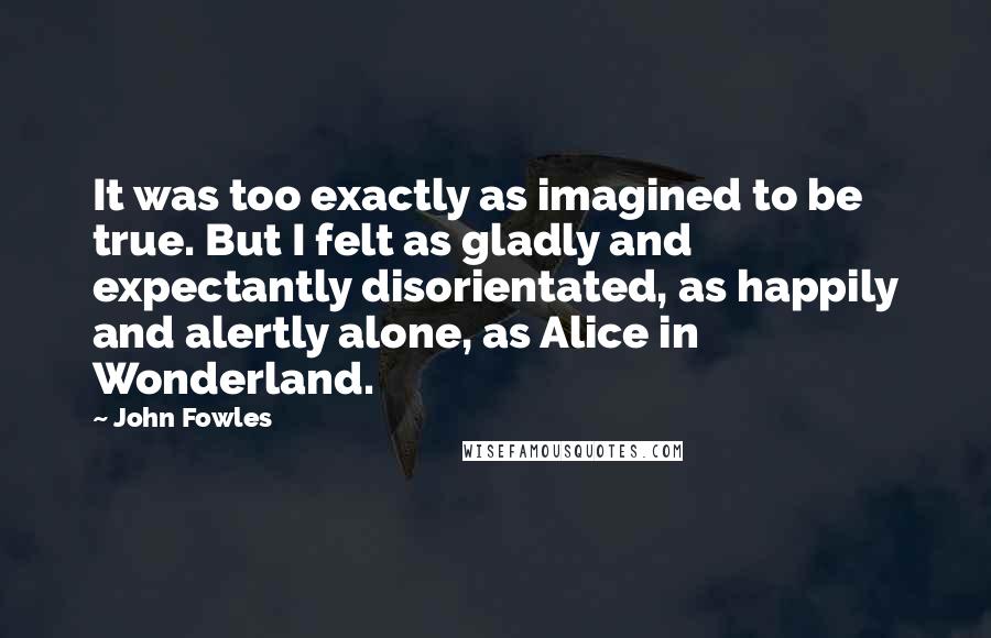 John Fowles Quotes: It was too exactly as imagined to be true. But I felt as gladly and expectantly disorientated, as happily and alertly alone, as Alice in Wonderland.