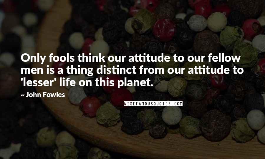 John Fowles Quotes: Only fools think our attitude to our fellow men is a thing distinct from our attitude to 'lesser' life on this planet.