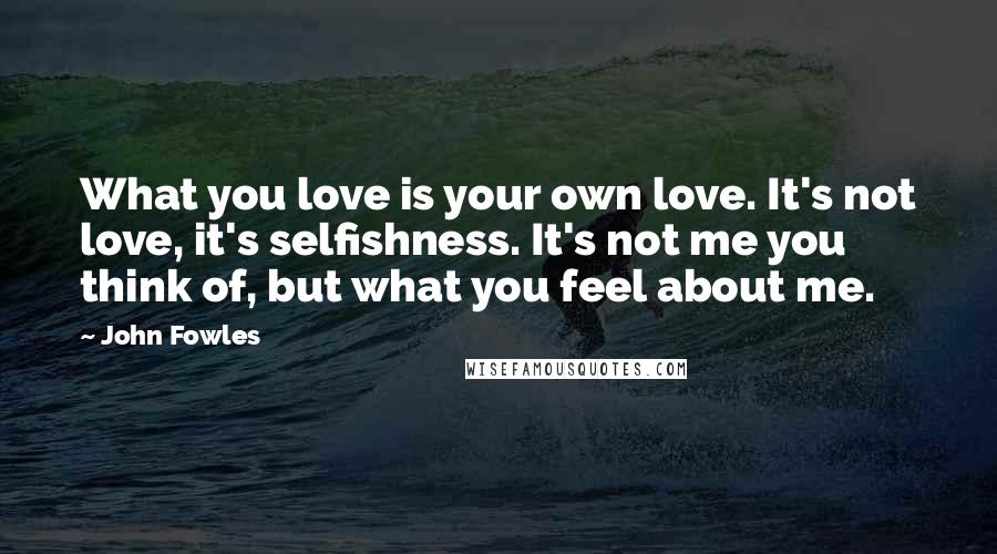 John Fowles Quotes: What you love is your own love. It's not love, it's selfishness. It's not me you think of, but what you feel about me.