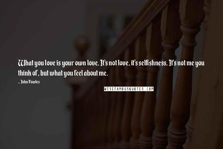 John Fowles Quotes: What you love is your own love. It's not love, it's selfishness. It's not me you think of, but what you feel about me.