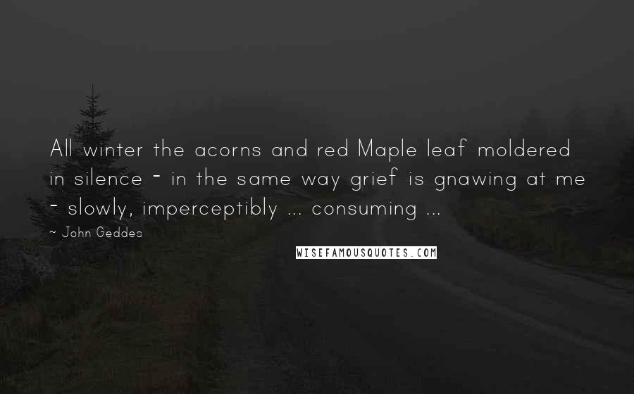 John Geddes Quotes: All winter the acorns and red Maple leaf moldered in silence - in the same way grief is gnawing at me - slowly, imperceptibly ... consuming ...
