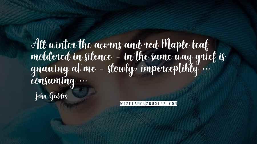 John Geddes Quotes: All winter the acorns and red Maple leaf moldered in silence - in the same way grief is gnawing at me - slowly, imperceptibly ... consuming ...