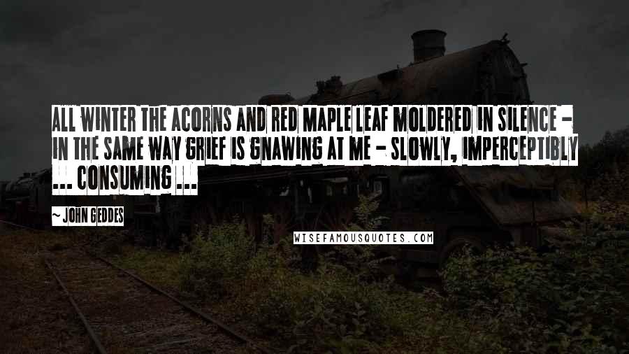John Geddes Quotes: All winter the acorns and red Maple leaf moldered in silence - in the same way grief is gnawing at me - slowly, imperceptibly ... consuming ...