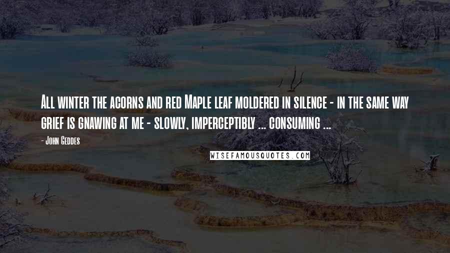 John Geddes Quotes: All winter the acorns and red Maple leaf moldered in silence - in the same way grief is gnawing at me - slowly, imperceptibly ... consuming ...