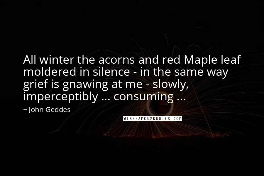 John Geddes Quotes: All winter the acorns and red Maple leaf moldered in silence - in the same way grief is gnawing at me - slowly, imperceptibly ... consuming ...
