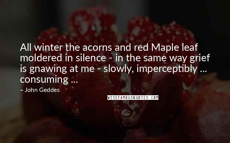 John Geddes Quotes: All winter the acorns and red Maple leaf moldered in silence - in the same way grief is gnawing at me - slowly, imperceptibly ... consuming ...