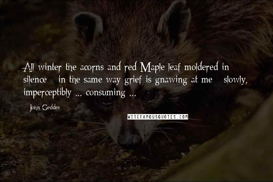 John Geddes Quotes: All winter the acorns and red Maple leaf moldered in silence - in the same way grief is gnawing at me - slowly, imperceptibly ... consuming ...